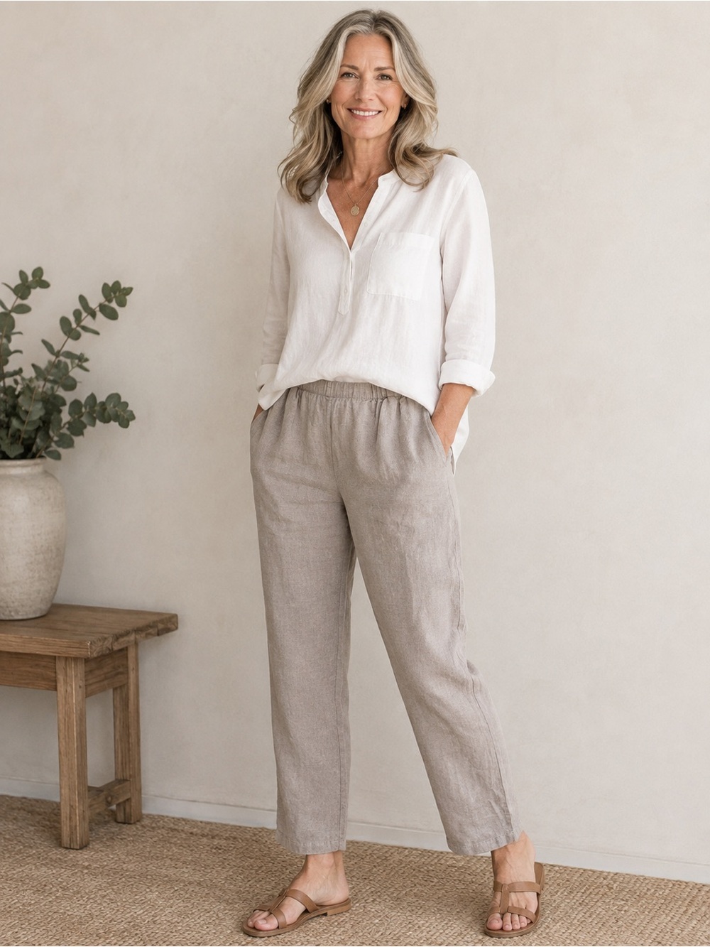 FLAX Pocketed Ankle Pants NWT 100% Linen Natural Taupe Size M